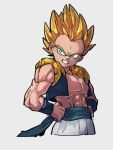  1boy abs blonde_hair blue_eyes dragon_ball dragon_ball_z forehead gotenks grey_background hands_on_hips kemachiku looking_away looking_to_the_side muscular muscular_male short_hair simple_background super_saiyan 