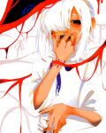  1other androgynous bangs black_eyes black_nails blood blood_on_hands blush gender_request hair_over_one_eye hand_up highres kiro-ji looking_at_viewer medium_hair original red_background shirt short_sleeves solo teeth tentacles upper_body upper_teeth_only white_background white_hair white_shirt 