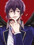  1boy 5574iahu angel_wings black_wings blazer blue_jacket brown_eyes collared_shirt dance_with_devils fallen_angel feathered_wings jacket long_sleeves looking_at_viewer male_focus natsumezaka_shiki open_mouth purple_hair red_background shirt short_hair smirk solo teeth white_shirt wings 