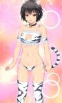  1girl animal_ears animal_print ano_hito bell black_collar black_hair breasts brown_eyes cat_cutout cat_ear_panties cat_ears cat_lingerie cat_tail cleavage cleavage_cutout clothing_cutout collar commentary_request fake_animal_ears fake_tail meme_attire navel neck_bell original panties short_hair side-tie_panties small_breasts solo sparkle tail thighhighs tiger_print underwear 