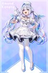  1girl :d akabino amane_kanata angel_wings apron bandaged_arm bandages blue_hair blue_wings character_name colored_inner_hair commentary_request detached_collar dress feathered_wings flat_chest frilled_apron frills full_body gloves gradient_wings grey_dress grey_footwear grey_hair hair_ornament hairclip hand_on_hip hat high_heels highres holding holding_syringe hololive id_card lanyard looking_at_viewer mini_wings multicolored_hair multicolored_wings nurse nurse_cap official_alternate_costume official_alternate_hair_length official_alternate_hairstyle open_mouth pantyhose pink_hair puffy_short_sleeves puffy_sleeves pumps purple_eyes shaded_face short_sleeves single_hair_intake smile solo streaked_hair syringe twintails virtual_youtuber wavy_hair white_apron white_gloves white_pantyhose white_wings wing_collar wings x_hair_ornament 
