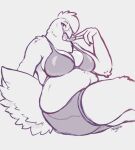  anthro avian beak bird bottomwear bra breasts chicken cleavage clothed clothing corn eating feathers female food furniture galliform gallus_(genus) looking_at_viewer monochrome overweight overweight_anthro overweight_female phasianid plant shorts sitting sketch sofa solo tail_feathers tenynn underwear 
