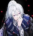  1boy androgynous black_cloak black_necktie blue_hair blue_scarf cloak collared_shirt diagonal-striped_necktie eichi_turnr ensemble_stars! harry_potter_(series) hibiki_wataru high_ponytail highres light_blue_hair long_hair long_sleeves looking_at_viewer male_focus multicolored_clothes multicolored_scarf necktie purple_eyes ravenclaw scarf shirt solo white_necktie white_scarf white_shirt 