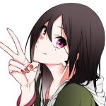  1girl black_hair close-up commentary_request head_tilt heterochromia highres hood hoodie long_hair looking_at_viewer mole mole_under_eye nail_polish original purple_eyes red_eyes red_nails simple_background smile solo usui_seri v vice_(kuronekohadokoheiku) white_background 