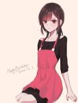  ! 1girl arm_support asahina_hiyori bangs black_eyes black_hair black_shirt black_shorts blunt_bangs brown_hair casual closed_mouth collarbone dated english_text flying_sweatdrops hair_over_shoulder happy_birthday highres kagerou_project looking_away low_twintails off-shoulder_shirt off_shoulder overalls pink_overalls pink_skirt rax_(pixiv_47057609) shirt shorts simple_background sitting skirt sleeves_past_elbows solo twintails white_background 