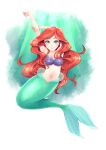  1girl ariel_(disney) arm_up blue_eyes blush eyelashes highres light_rays long_hair mermaid monster_girl navel ouhashi_(yumenosukima) red_hair shell shell_bikini smile solo the_little_mermaid underwater very_long_hair wavy_hair 