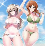  aged_up alternate_hair_length alternate_hairstyle arm_up armorganger armpits bangs beach bear_girl bikini black_ribbon blue_sky boko_(girls_und_panzer) breasts brown_eyes brown_hair cleavage clenched_hand cloud cloudy_sky commentary day front-tie_bikini_top front-tie_top girls_und_panzer green_bikini groin hair_ribbon halterneck highres horizon large_breasts light_blush light_brown_hair long_hair looking_at_viewer medium_hair navel nishizumi_miho ocean one_side_up open_mouth outdoors outline ribbon salute shimada_arisu short_hair side-by-side sky smile standing sun swimsuit white_bikini white_outline 