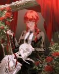  bangs black_necktie black_suit braid business_suit chainsaw_man closed_mouth collared_shirt commentary flower formal highres kei_(keiuu) long_hair looking_at_viewer makima_(chainsaw_man) necktie orange_eyes red_flower red_hair red_rose ringed_eyes rose shirt sidelocks single_braid skeleton smile suit white_shirt 