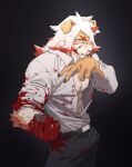  1boy abs animal_ears arknights bangs bara blood blood_on_clothes blood_on_face blood_on_hands contrapposto cowboy_hat dog_ears frown furry furry_male hat highres horns hung_(arknights) ju_neng_binggui long_hair male_focus medium_hair multicolored_hair muscular muscular_male nipples orange_eyes orange_hair single_horn solo streaked_hair two-tone_fur underpec white_fur white_hair 