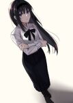  1girl bangs black_footwear black_hair black_hairband black_skirt blue_eyes bow closed_mouth commentary crossed_arms dutch_angle full_body hairband highres long_hair long_sleeves looking_at_viewer n2i2ra shirt simple_background skirt solo standing tohno_akiha tsukihime very_long_hair white_background white_shirt 