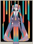  1girl abstract aqua_hair aqua_thighhighs bangs bare_shoulders black_background blonde_hair border collared_shirt colorful commentary detached_sleeves full_body gradient_hair gradient_legwear gradient_necktie gradient_shirt grey_border grey_eyes grey_hair grey_necktie grey_shirt grey_skirt grey_thighhighs halftone hatsune_miku highres lanyard long_hair looking_at_viewer miniskirt multicolored_hair necktie no_mouth outside_border pleated_skirt rectangle red_hair shirt skirt sleeveless sleeveless_shirt sleeves_past_fingers sleeves_past_wrists solo standing straight-on thighhighs twintails very_long_hair very_long_sleeves vocaloid white_shirt wokichi yellow_necktie 