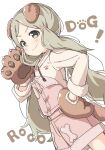 1girl animal_ears animal_hands bangs blush bone_print brown_gloves brown_overalls brown_sweater dog_ears dutch_angle fake_animal_ears fur-trimmed_sleeves fur_trim gloves hand_on_hip hand_up handa_roco idolmaster idolmaster_million_live! idolmaster_million_live!_theater_days kuresuku_(lessons) light_brown_hair long_hair long_sleeves looking_at_viewer low_twintails official_alternate_costume overall_shorts overalls parted_bangs paw_gloves paw_print smile solo sweater twintails v-shaped_eyebrows white_background 