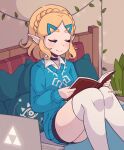  1girl black_choker blonde_hair blue_sweater book choker closed_eyes commentary computer cremanata earrings english_commentary hair_ornament hairclip highres holding holding_book indoors jewelry laptop medium_hair on_bed open_book plant pointy_ears potted_plant princess_zelda sitting sweater the_legend_of_zelda thighhighs triforce white_thighhighs 