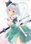  1girl bangs black_hairband blush breasts cleavage closed_mouth commentary_request ghost gradient_background green_eyes grey_hair hairband highres holding holding_sword holding_weapon konpaku_youmu konpaku_youmu_(ghost) large_breasts looking_at_viewer natsume_nadeshiko pink_background short_hair solo sword touhou traditional_media weapon 