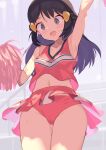  1girl :d arm_up armpits bangs black_hair blush breasts cameltoe cheerleader commentary_request dawn_(pokemon) eyelashes grey_eyes hair_ornament hairclip highres holding holding_pom_poms long_hair looking_down navel open_mouth panties pink_panties pink_shirt pink_skirt pokemon pokemon_(anime) pokemon_dppt_(anime) pom_pom_(cheerleading) shirt sidelocks skirt sleeveless sleeveless_shirt smile solo spring2013 sweat underwear 