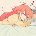  1girl ange_(angeban93) bangs cheek_press closed_eyes closed_mouth flip_flappers long_hair on_bed orange_hair pajamas papika_(flip_flappers) sleeping smile solo yellow_pajamas zzz 