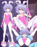  1girl bangs blush braid breasts dhiparizky folded full_nelson gloves hair_ornament highres kami_jigen_game_neptune_v long_hair multiple_views neptune_(series) open_mouth pink_eyes playboy_bunny pole_dancing purple_hair pururut skindentation small_breasts solo thighhighs white_thighhighs 