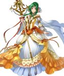  1girl bracelet breasts brown_eyes dress elincia_ridell_crimea fire_emblem fire_emblem:_radiant_dawn fire_emblem_heroes frilled_dress frills full_body gold_trim green_hair highres holding jewelry kita_senri long_dress long_sleeves non-web_source official_art puffy_sleeves see-through solo staff tiara transparent_background 