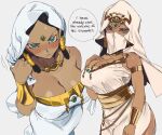  1girl absurdres bare_shoulders black_hair blush breasts cleavage dark-skinned_female dark_skin dress egyptian egyptian_clothes english_text forehead_jewel gold hair_ornament highres hood hood_up ishizu_ishtar jewelry large_breasts long_hair looking_at_viewer millennium_necklace mouth_veil speech_bubble veil white_dress whoopsatro yu-gi-oh! yu-gi-oh!_duel_monsters 