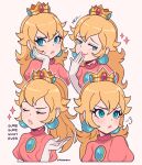  1girl absurdres blonde_hair blue_eyes blush cremanata crown dress earrings elbow_gloves english_text gloves highres jewelry mario_(series) multiple_views pink_dress ponytail princess_peach simple_background white_gloves 