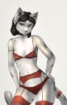  absurd_res anthro black_hair blush breasts clothing colored cute_expression domestic_cat felid feline felis female garter_belt garter_straps green_eyes hair hi_res legwear lingerie mammal nsfwfonso panties pepper(nsfwfonso) pose shorthair small_breasts solo stockings stripes underwear 