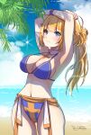  1girl adapted_costume arch_bishop_(ragnarok_online) armpits arms_up bangs beach bikini blonde_hair blue_bikini blue_eyes blue_sky blunt_bangs blush braid breasts cleavage closed_mouth cloud commentary_request cowboy_shot cross dappled_sunlight dated day french_braid high_ponytail highres horizon large_breasts lens_flare long_hair looking_at_viewer midriff navel ocean outdoors palm_tree ragnarok_masters ragnarok_online sand signature sky smile solo sunlight swimsuit tomo-graphy tree twitter_username 