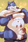  2023 anthro ayame42612 balls belly black_nose blue_body blush candy canid canine canis chocolate clothed clothing clothing_lift dessert domestic_dog erection food genitals hi_res kemono male mammal moobs musclegut one_eye_closed overweight overweight_male partially_clothed penis shirt shirt_lift solo topwear underwear underwear_down white_body wink 