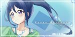  1girl absurdres bangs birthday blue_background blue_hair blush bubble character_name collarbone commentary dated english_text high_ponytail highres long_hair love_live! love_live!_sunshine!! lowlight1010 matsuura_kanan ponytail purple_eyes smile solo twitter_username upper_body 