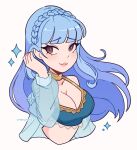  1girl blue_bra blue_hair blush bra breasts brown_eyes choker cleavage cremanata fire_emblem fire_emblem:_three_houses hair_behind_ear highres large_breasts long_hair looking_at_viewer marianne_von_edmund simple_background underwear upper_body white_background 