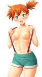  1girl bangs blush breasts collarbone commentary_request cowboy_shot eyelashes green_eyes green_shorts hands_up highres misty_(pokemon) navel nipples open_mouth orange_hair pokemon pokemon_(anime) pokemon_(classic_anime) raised_eyebrows short_shorts shorts side_ponytail simple_background sin-go solo suspenders teeth tongue topless upper_teeth_only white_background 