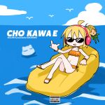  1girl \m/ ahoge artist_name bare_shoulders bikini bird blonde_hair blue_sky blush_stickers cloud collarbone copyright_name creature crossed_legs day english_text flower frilled_bikini frills full_body hair_bun hair_flower hair_ornament hair_up hand_up headphones highres inflatable_chair knees_up kokaki_mumose navel null-meta ocean open_mouth orange_bikini outdoors parental_advisory pink_flower reclining romaji_text sandals sky smile solo stomach sunglasses swimsuit uozumi_kurumi watch white_bird wristwatch 