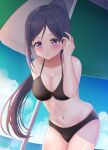  1girl absurdres bangs beach_umbrella bikini birthday black_bikini blue_sky blush breasts cleavage cloud cloudy_sky collarbone commentary high_ponytail highres large_breasts long_hair looking_at_viewer love_live! love_live!_sunshine!! matsuura_kanan ocean panaham ponytail purple_eyes purple_hair sidelocks sky swimsuit umbrella 