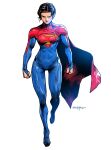  1girl artist_name blue_bodysuit bodysuit brown_hair cape clenched_hands commentary dc_comics english_commentary flying full_body highres insignia red_cape santa_fung short_hair signature simple_background sketch solo supergirl superhero superman_(series) white_background 