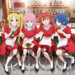  4girls ahoge apron bangs blonde_hair blue_eyes blue_hair bocchi_the_rock! commentary_request cube_hair_ornament diner drinking_straw food gotou_hitori hair_between_eyes hair_ornament holding holding_food holding_pizza ijichi_nijika kita_ikuyo looking_at_viewer multiple_girls official_art parted_bangs pasta pink_hair pizza red_eyes red_hair sample_watermark short_hair side_ponytail soda spaghetti toubun14 waitress yamada_ryou yellow_eyes 