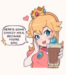 1girl blonde_hair blue_eyes blush chocolate_milk cremanata crown cup dress drinking_glass earrings elbow_gloves english_text gloves hand_on_own_cheek hand_on_own_face heart highres holding holding_cup jewelry long_hair looking_at_viewer mario_(series) open_mouth pink_dress princess_peach simple_background speech_bubble teeth upper_teeth_only white_gloves 