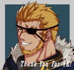  1boy armor artist_name beard blonde_hair close-up draws_casual english_text eyepatch facial_hair green_background gyee highres looking_at_viewer male_focus manly markus_(gyee) mature_male scar scar_on_face signature simple_background smirk solo spiked_hair teeth yellow_eyes 