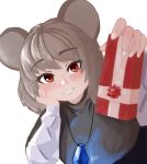  1girl absurdres animal_ears bangs blush box capelet clip_studio_paint_(medium) commentary_request crystal gift gift_box grey_capelet grey_hair grin hand_on_own_cheek hand_on_own_face highres holding holding_gift jewelry lenserd looking_at_viewer mouse_ears mouse_girl nazrin pendant red_eyes short_hair simple_background smile solo touhou upper_body valentine white_background 