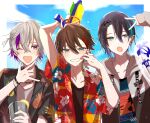  3boys :o ;d aqua_eyes aqua_hair arm_up bangs bead_necklace beads black_hair black_shirt black_trim blue_shirt blue_sky border bracelet brown_hair casual clothes_writing cloud collarbone collared_shirt commentary cup day drawstring drink english_text food fruit fruit_print fuwa_minato grey_hair grey_jacket grey_shirt hair_between_eyes hair_ornament hairclip hand_on_own_chin hand_to_own_mouth hand_up hawaiian_shirt highres holding holding_cup holding_drink holding_water_gun hood hood_down hooded_jacket jacket jewelry lapels lemon lemon_slice long_bangs looking_at_viewer looking_away male_focus mayuzumi_kai multicolored_hair multicolored_shirt multiple_boys muminn55555 necklace nijisanji one_eye_closed open_mouth outdoors outside_border palm_tree palm_tree_print pineapple_print print_shirt purple_eyes purple_hair red_hair red_shirt saegusa_akina shirt short_hair short_sleeves sky sky_print smile streaked_hair t-shirt teeth tree tree_print upper_body v virtual_youtuber water_gun white_border x_hair_ornament 