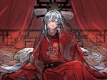  1girl arknights blue_eyes blue_hair blush braid chinese_clothes curtains earrings grin highres jewelry ling_(arknights) long_hair long_sleeves looking_at_viewer on_bed pointy_ears red_curtains red_robe robe sitting smile solo tassel tassel_earrings very_long_hair wide_sleeves xiaoxingjuchisha 