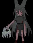  1girl bangs black_background black_skirt closed_mouth creature expressionless feet_out_of_frame glowing glowing_eyes grey_hair grey_shirt hair_ears hair_over_one_eye half-closed_eyes highres holding holding_creature injury kokaki_mumose long_hair looking_at_viewer original pointy_ears raised_eyebrows red_eyes red_socks scratches shirt short_sleeves sideways_glance simple_background skirt socks solo very_long_hair 