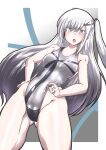  1girl ass_visible_through_thighs blush breasts character_request competition_swimsuit copyright_request cowboy_shot grey_eyes highres long_hair looking_at_viewer medium_breasts monyomoke one-piece_swimsuit open_mouth side_ponytail solo swimsuit white_hair 