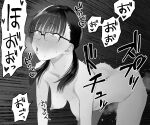  1girl absurdres ass bangs blush breasts commentary completely_nude glasses greyscale highres implied_sex koma_neko long_hair monochrome nipples nude original solo sweat twintails 
