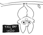  :3 ambiguous_gender bat bat_nose black_and_white branch cartoon_eyes cheek_tuft colorless dialogue_box english_text facial_tuft fangs feral hanging_by_feet head_tuft lewdicrousart low_res mammal monochrome open_mouth open_smile smile solo teeth text toony tuft upside_down 