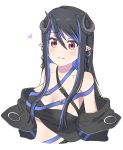  1girl 774_inc. bangs belt black_bandeau black_belt black_hair black_jacket blue_belt blue_hair blush breasts brown_eyes chest_belt closed_mouth collarbone commentary_request curled_horns demon_girl demon_horns grey_horns hair_between_eyes heart hebiyoi_tier highres horns ikacho_(_ika_cho) jacket large_breasts long_hair long_sleeves looking_at_viewer mole mole_on_collarbone multicolored_hair off_shoulder open_clothes open_jacket pointy_ears sidelocks simple_background smile solo sugar_lyric two-tone_hair upper_body virtual_youtuber white_background 
