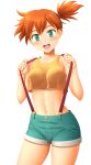  1girl :d bangs bare_arms blush breasts collarbone commentary_request covered_nipples cowboy_shot eyelashes green_eyes green_shorts hands_up highres midriff misty_(pokemon) navel open_mouth orange_hair pokemon pokemon_(anime) pokemon_(classic_anime) shirt short_shorts shorts side_ponytail simple_background sin-go smile solo suspenders teeth tongue upper_teeth_only white_background yellow_shirt 