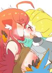  2girls absurdres ahoge animal_ears bangs bare_shoulders bird_ears blonde_hair blue_feathers blush breasts brown_tank_top clothes_lift coco_(eogks) feathers french_kiss green_hair harpy heart heart-shaped_pupils highres kiss large_breasts long_hair mako_(eogks) monster_girl multicolored_hair multiple_girls nipple_tweak nn_(eogks) open_mouth orange_feathers original red_feathers red_hair saliva shirt_lift symbol-shaped_pupils tank_top two-tone_hair two-tone_wings very_long_hair white_background winged_arms wings yuri 