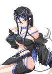  1girl 774_inc. absurdres bangs belt black_bandeau black_belt black_hair black_jacket black_skirt blue_belt blue_hair blush breasts brown_eyes chest_belt cleavage closed_mouth commentary_request cowboy_shot curled_horns demon_girl demon_horns demon_tail grey_horns hair_between_eyes hebiyoi_tier highres hip_vent horns jacket large_breasts long_hair long_sleeves looking_at_viewer multicolored_hair natsuki_aya navel off_shoulder open_clothes open_jacket pointy_ears red_nails sidelocks simple_background skirt smile snake_bite solo sugar_lyric tail two-tone_hair underboob virtual_youtuber white_background 