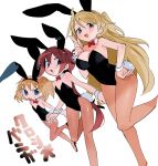  3girls alternate_costume animal_ears bangs bare_shoulders black_hairband black_leotard blonde_hair blue_eyes blush bow bowtie breast_envy breasts brown_eyes brown_hair character_request copyright_name detached_collar fake_animal_ears fake_tail flat_chest foot_up hair_bobbles hair_flaps hair_ornament hairband half_updo hand_on_hip hand_up height_difference high_heels highres index_finger_raised kokaki_mumose kuroshio_current large_breasts leotard long_hair looking_at_another looking_at_breasts looking_at_viewer low_ponytail matching_outfit multiple_girls nagi_akasa open_mouth pantyhose parody pink_pantyhose playboy_bunny rabbit_ears rabbit_tail red_bow red_bowtie short_hair small_breasts tail title_parody v-shaped_eyebrows wrist_cuffs 