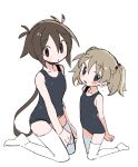  2girls arms_behind_back bangs bare_shoulders between_legs black_eyes black_one-piece_swimsuit blush_stickers breasts brown_eyes brown_hair character_request collarbone dot_nose flat_chest full_body hair_bobbles hair_flaps hair_ornament hand_between_legs highres kneeling kokaki_mumose kuroshio_current light_brown_hair long_hair looking_at_viewer low_ponytail multiple_girls nagi_akasa no_sclera one-piece_swimsuit open_mouth parted_lips raised_eyebrows school_swimsuit short_twintails sideways_glance simple_background sketch small_breasts smile swimsuit thighhighs twintails very_long_hair white_background white_thighhighs 