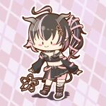  1girl 774_inc. ahoge argyle argyle_background bangs belt belt_collar black_belt black_footwear black_hair black_jacket black_skirt black_sleeves blush bra chibi closed_mouth collar commentary_request cropped_jacket demon_girl demon_horns demon_tail detached_sleeves earrings fangs fangs_out flat_chest flower full_body grey_horns hair_flower hair_ornament hair_ribbon horns ito_mofumofu jacket jewelry long_hair long_sleeves midriff multicolored_hair navel o-ring o-ring_thigh_strap off_shoulder oinomori_may one_side_up open_clothes open_jacket outline pink_background pink_bloomers pink_bra pink_hair pink_ribbon pink_socks pleated_skirt pointy_ears ribbon shoes single_earring skirt sleeveless sleeveless_jacket smile socks solid_oval_eyes solo sugar_lyric tail thigh_strap two-tone_hair underwear virtual_youtuber white_outline 